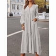 thumbnail image 5 of Women'S Boho Cotton Maxi Dress V-Neck Long Sleeve Flowy Beach Dress with Pockets and Buttons Light Grey XL, 5 of 9