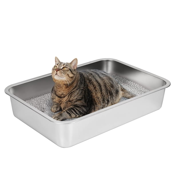 Caja de arena para gatos IKITCHEN de acero inoxidable, grande, 60 x 40 x 10 cm