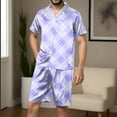 thumbnail image 2 of YABCSAZ Mens Pajama Set Short Slevee V Neck Plaid Button Down Shirt Tops and Wide Leg Bermuda Shorts Summer Casual Loose Fit Sleepwear Outfits Home Lounge Set, 2 of 4