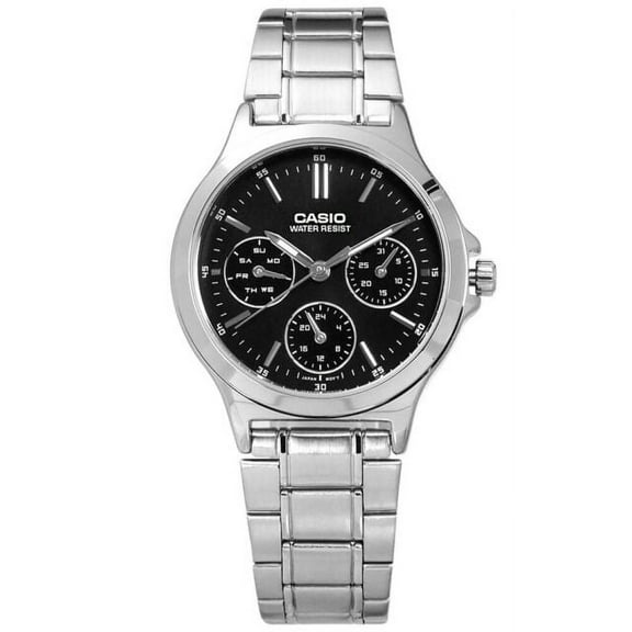 LTP-V300D-1A Women's Standard Silver Tone Multifunction Black Dial Watch