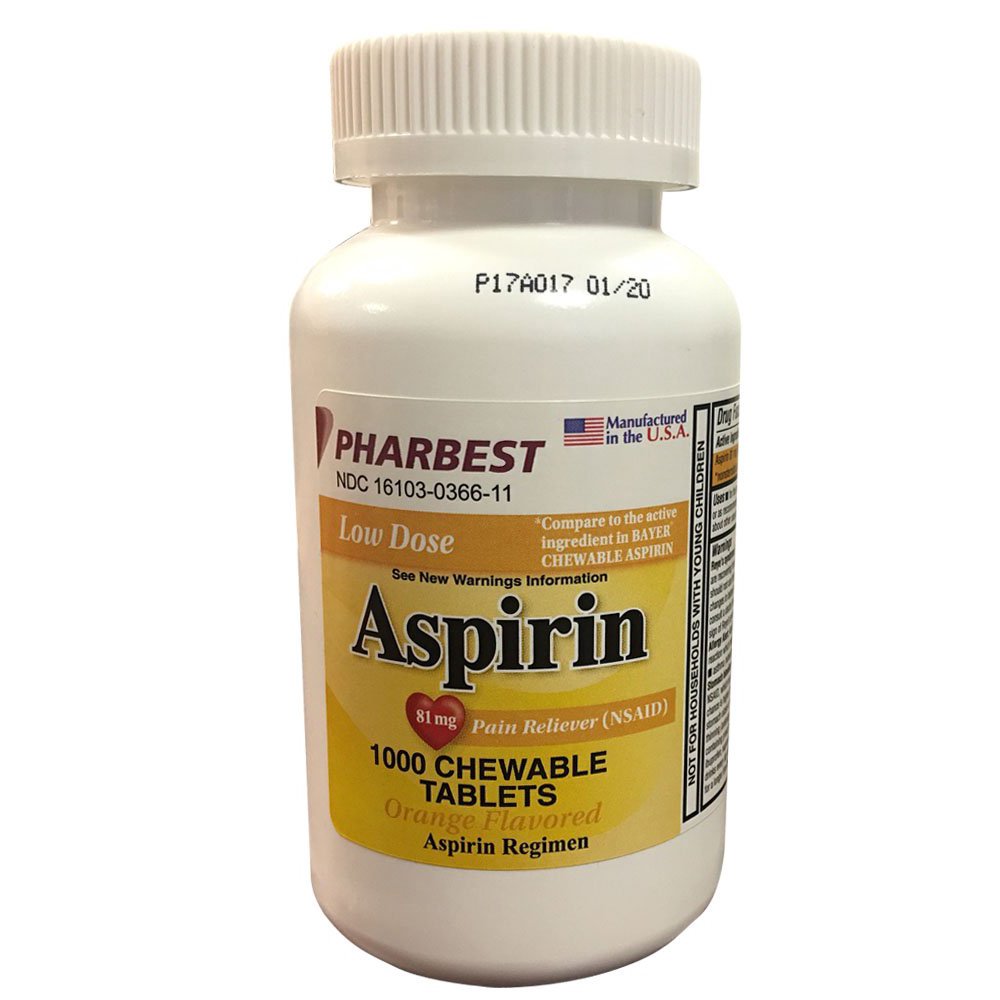 Pharbest Aspirin 81mg Chewable Orange Tablets 1000 Count Per Bottle