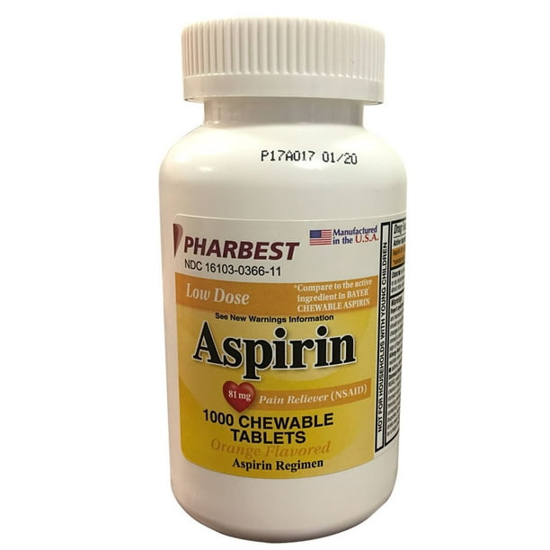 Pharbest Aspirin 81mg Chewable Orange Tablets 1000 Count Per Bottle