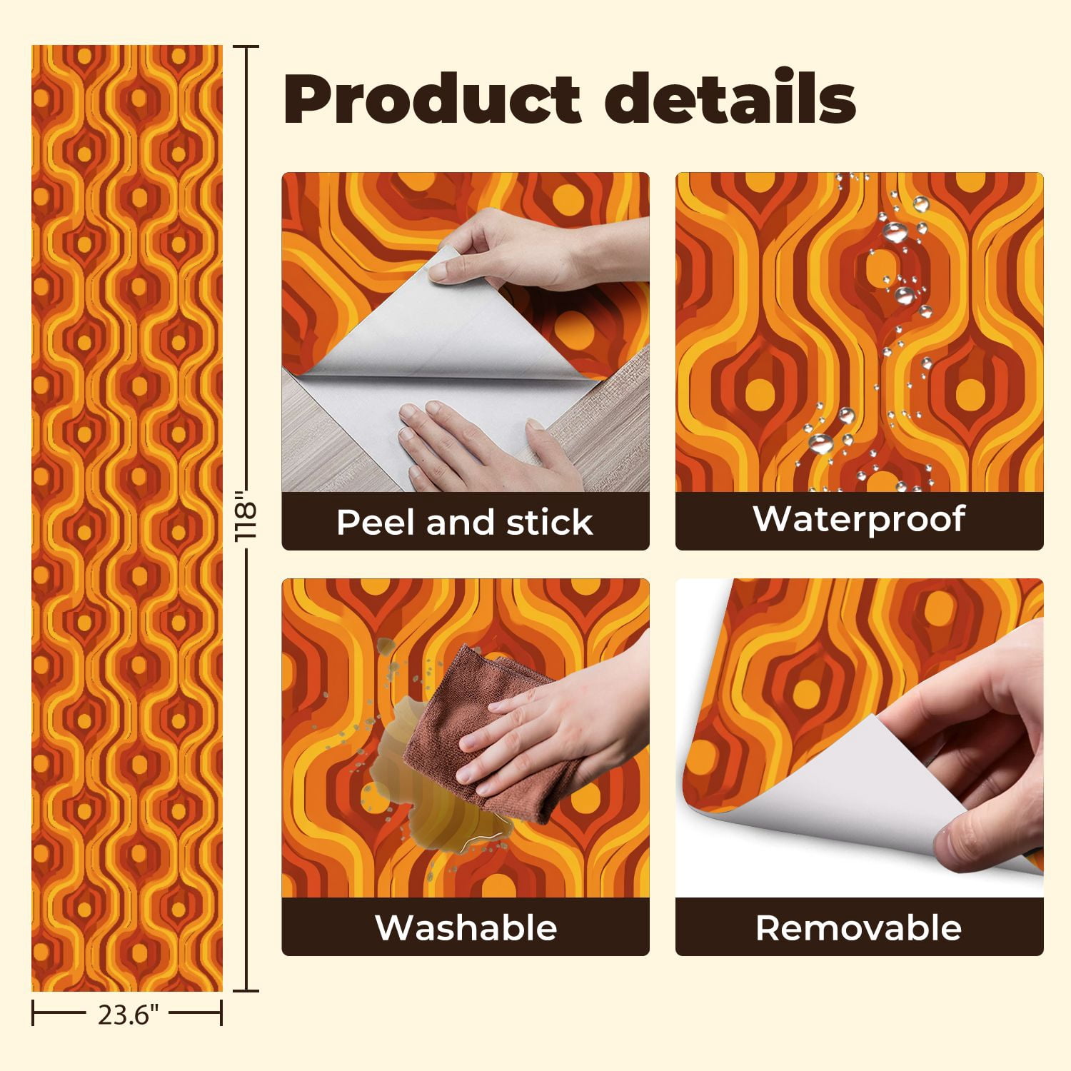 Peel and Stick Wallpaper 23.6in x 9.8ft 70s retro vintage Mid Century Modern Seamless Contact Paper Vinyl Waterproof Self Adhesive Wall Paper for Bedroom Shelf Cabinet Renter Friendly