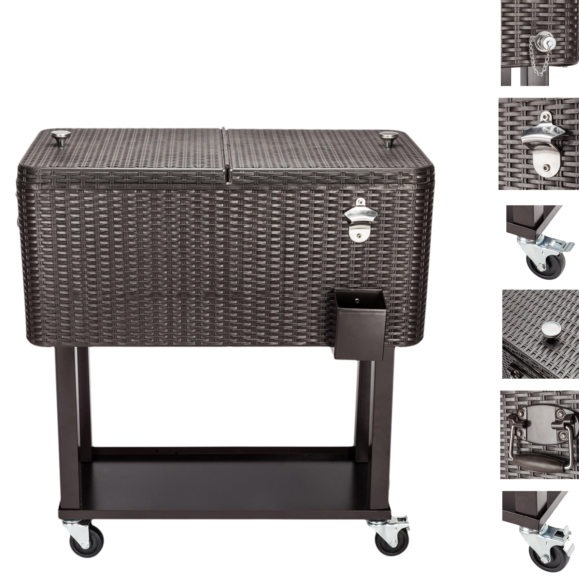 Ice Chest on Wheels with Shelf, 80 Quart Rolling Cart with Bottle Opener and Drain Plug, Portable Bar Drink Cooler, Outdoor Beverage Incubator for Patio Poolside Camping Party, Brown, D7205