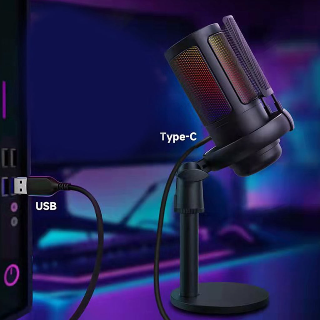 Color Gaming USB Microphone with Solid Base Adjustable for PC Streaming Podcasting Mute Button Condenser Mic Control