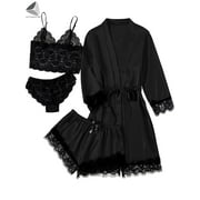 PULLIMORE Womens 4 Pcs V Neck Sexy Sleepwear Set Floral Lace Cami Pajama Set with Robe (S, Black)
