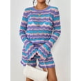 thumbnail image 3 of FOCUSNORM Ensemble de Vêtements pour Femmes 2 Pcs Shorts d'Automne Rayures Patchwork Col Rond Manches Longues Pull Hauts Tricotés Shorts, 3 of 9