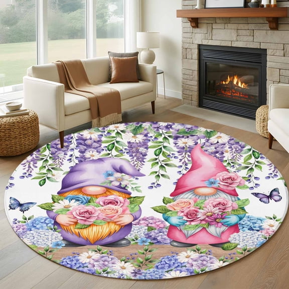 Round Rug 7Ft Washable Non-Slip, Blue Purple Gnomes Circle Area Rugs for Living Room Bedroom, Spring Country Hydrangea Flower Leaf Indoor Floor Mats Carpet Runner for Home Decor Aesthetic