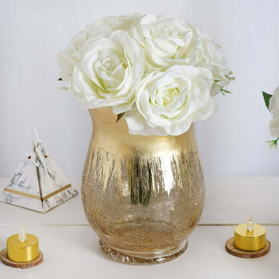 Efavormart Pack of 2 8" Tall Handmade Gold Foil Crackle Glass Vases Hurricane Candle Holders
