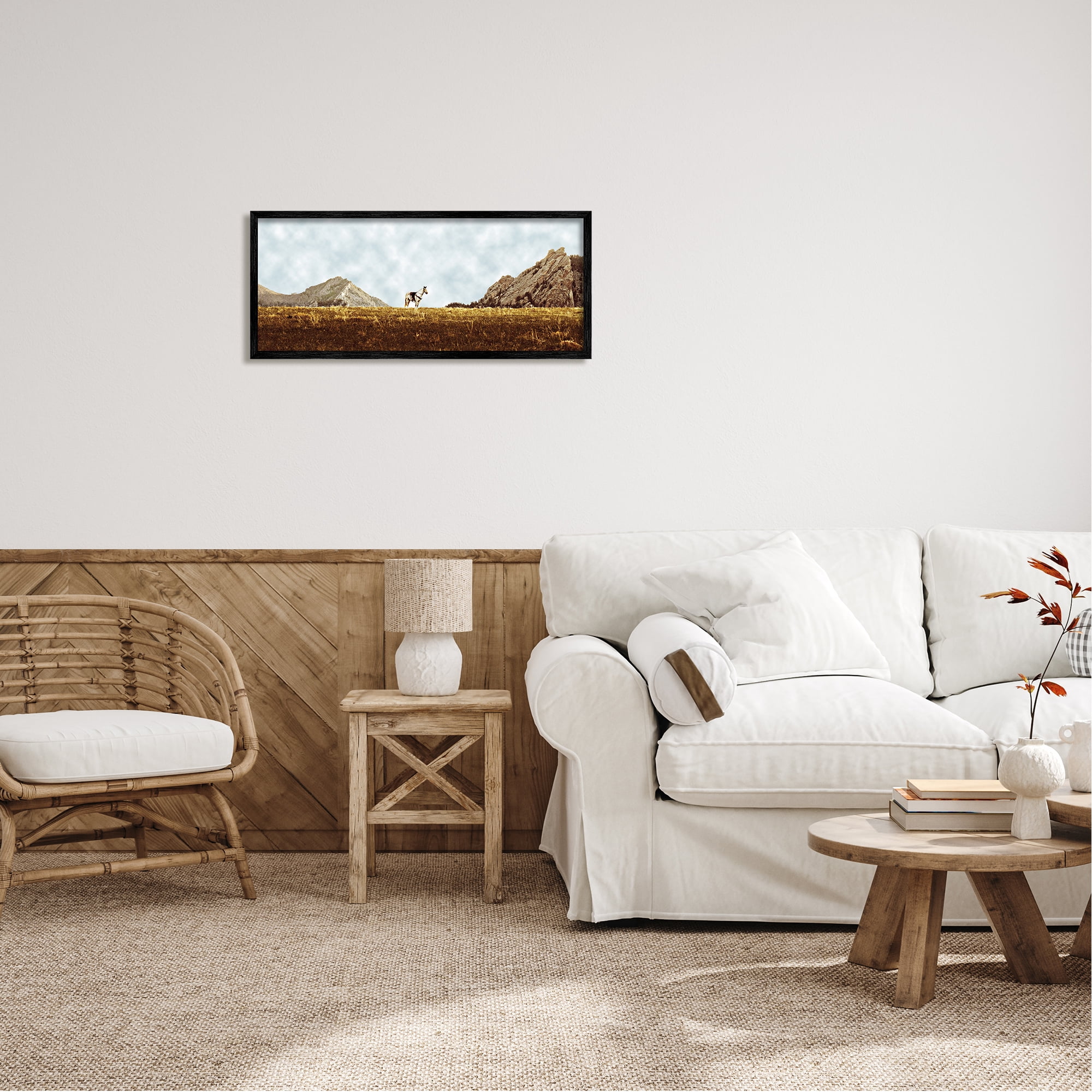 Stupell Industries Horse Between Desert Peaks Landscape Painting Black Framed Art Print Wall Art, 30 x 13