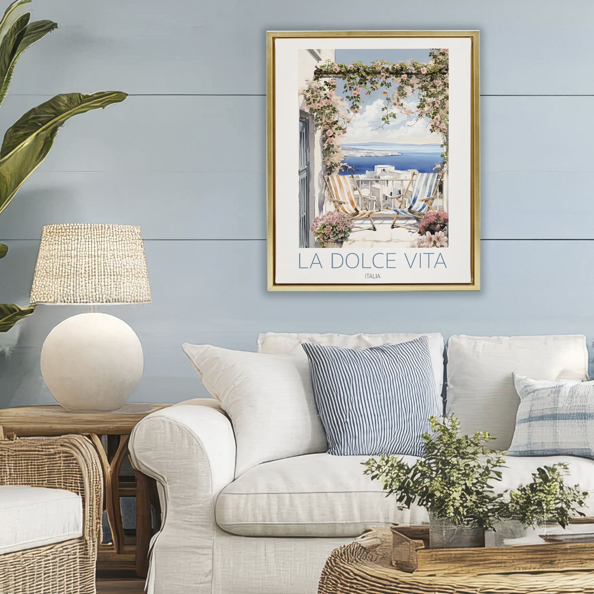 Stupell Industries Coastal Italian Balcony View Gold Framed Floater Canvas Wall Art, design by CAD Designs
