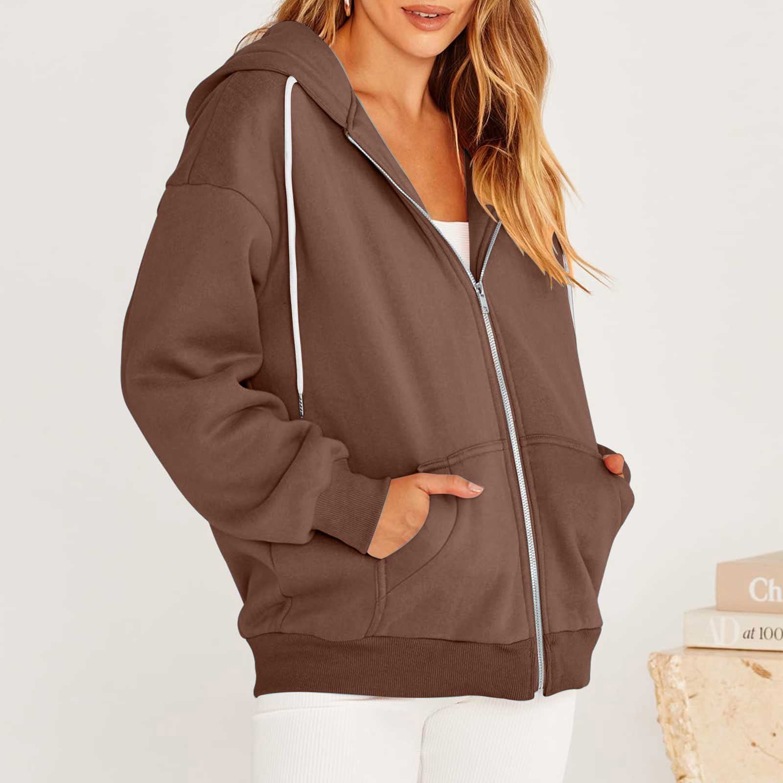 VEKDONE Fashion Hoodie Jackets for Women Long Sleeve Drawstring Tunics Coat Solid Color Zipper Outwear with Pockets Casual Outdoor Y2K Hooded Jacket