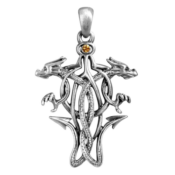 1.9 Inch Dual Dragon Head Celtic Pendant with An Orange Stone