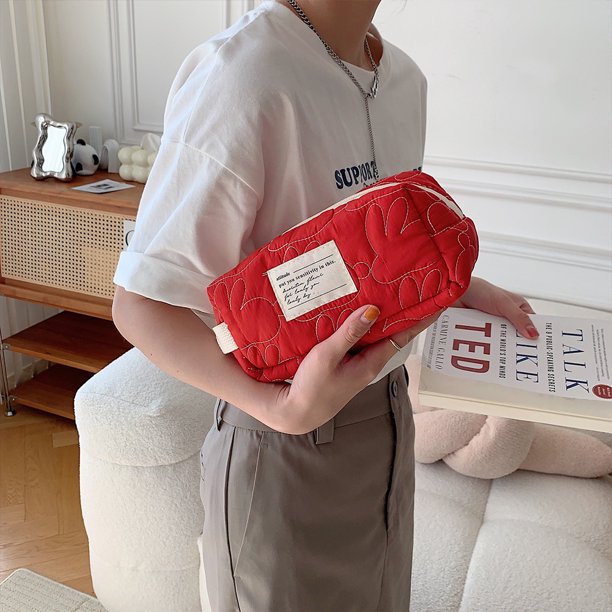 Bolso de cosméticos con diseño de conejo acolchado, bolsas de lavado informales para vacaciones de fin de semana (rojo grande)