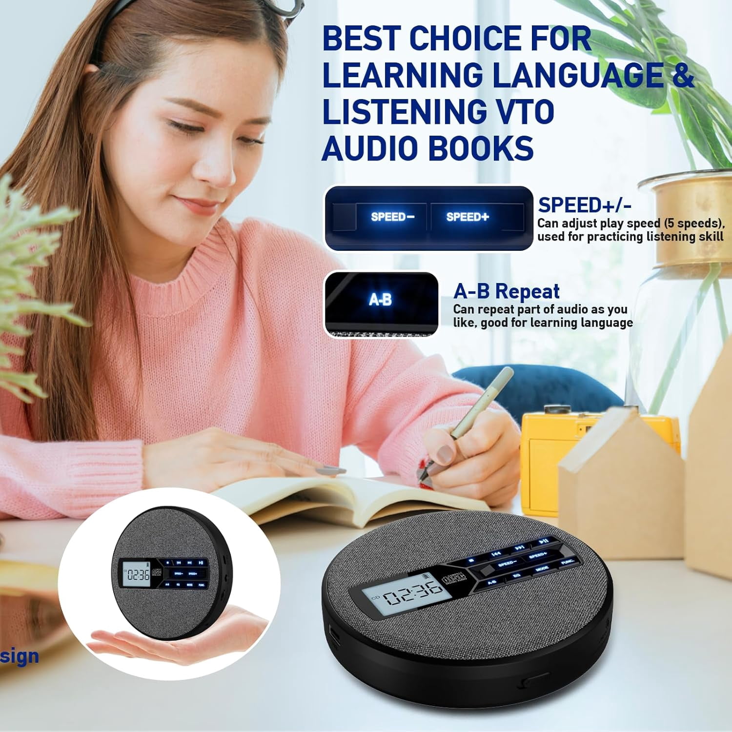 Portable CD Player with Bluetooth, Rechargeable, Anti-Skip, Dual Speakers, AUX, USB, Backlit LCD Display, 5 EQ, A-B Repeat, 10-Speed for Home, Car, Travel & Gifts