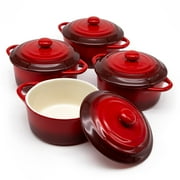Kook 4-Pc Mini Cocotte Casserole Dish with Lid Stoneware Kitchen Set, Crimson Red