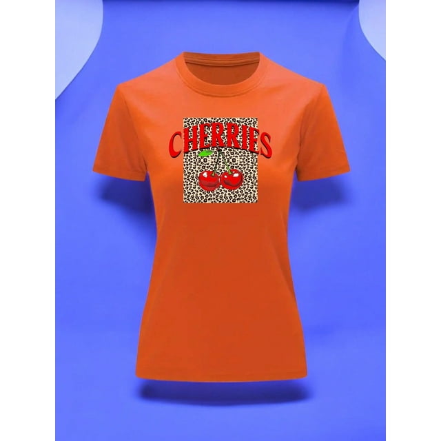 Playera Blusa De Cerezas Cherries Con Fondo Animal Print Vintage Color Anaranjado Talla Grande Marca Emil SaEs
