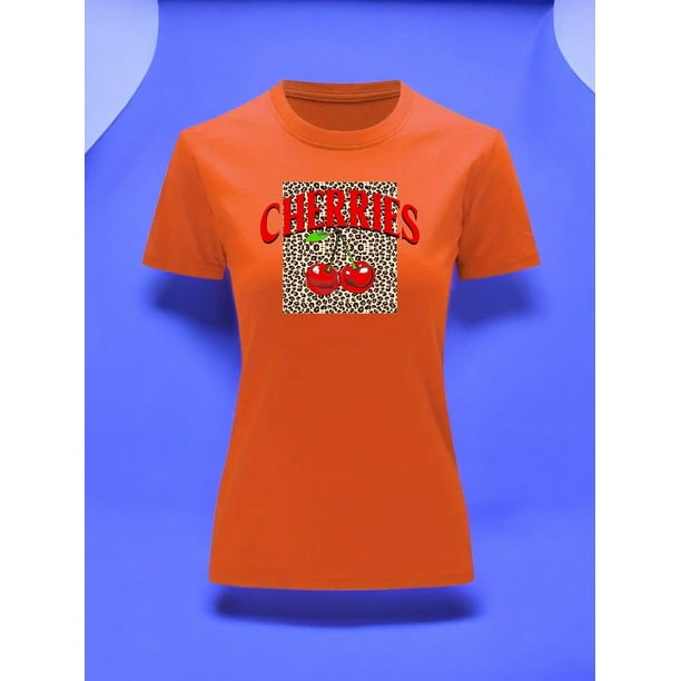 Playera Blusa De Cerezas Cherries Con Fondo Animal Print Vintage Color Anaranjado Talla Chica Marca Emil SaEs