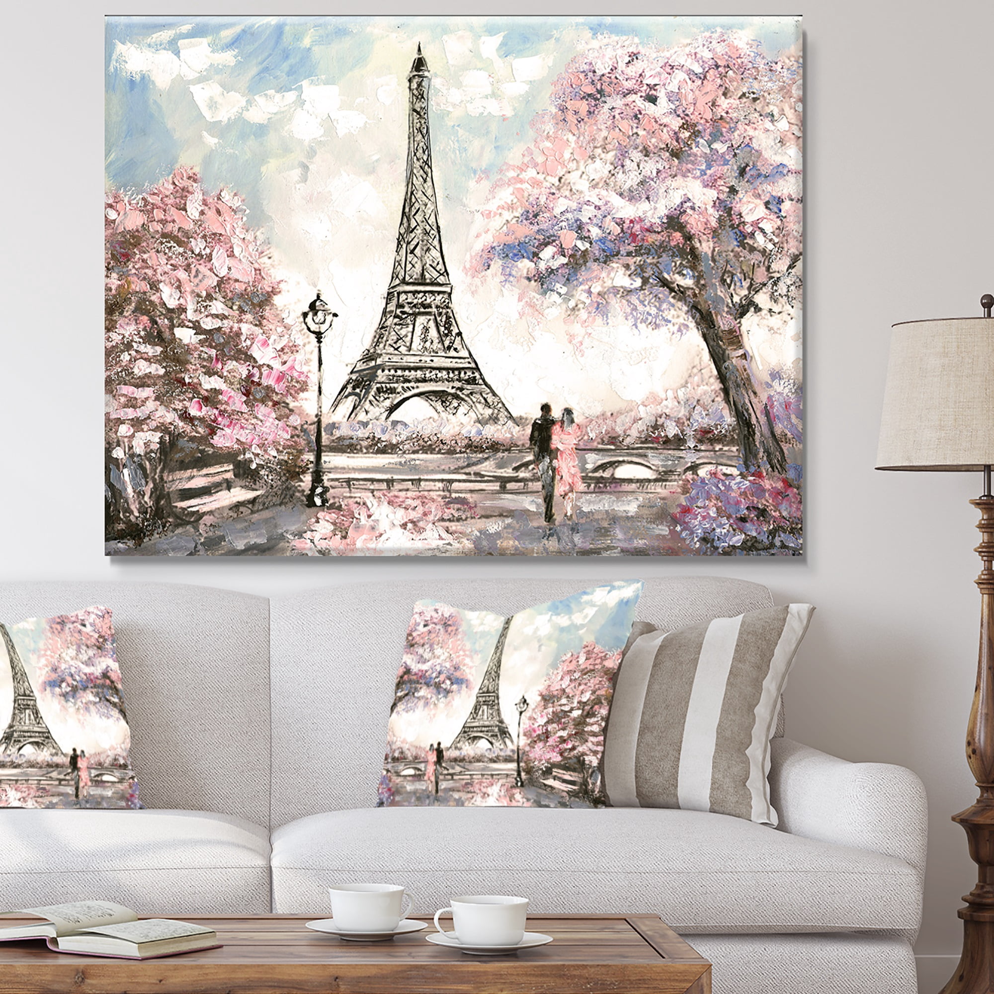 Designart 'Eiffel with Pink Flowers ' Landscape Canvas Art Print