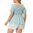 thumbnail image 3 of Plus Size Summer Tops for Women Square Neck Smocked Bow Tie Short Sleeve Peplum Blouse 1X Light Blue, 3 of 6