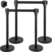 VEVOR Crowd Control Stanchion, Set of 4 Pieces Stanchion Set, Stanchion Set with 6.6 ft/2 m Black Retractable Belt, Black Crowd Control Barrier with Concrete and Metal Base – Easy Connect Assembly