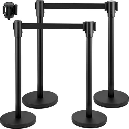 VEVOR Crowd Control Stanchion, Set of 4 Pieces Stanchion Set, Stanchion Set with 6.6 ft/2 m Black Retractable Belt, Black Crowd Control Barrier with Concrete and Metal Base – Easy Connect Assembly