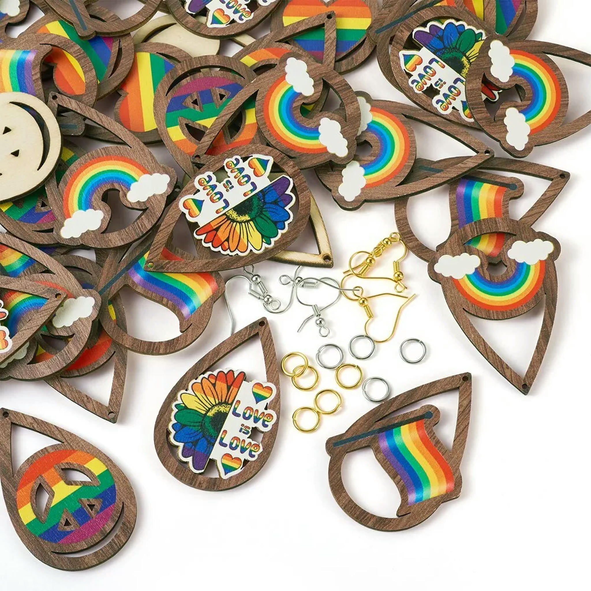 U8MO 200Pcs/box Teardrop Heart Peace Sign DIY Rainbow Color Pride Earring Making Kits