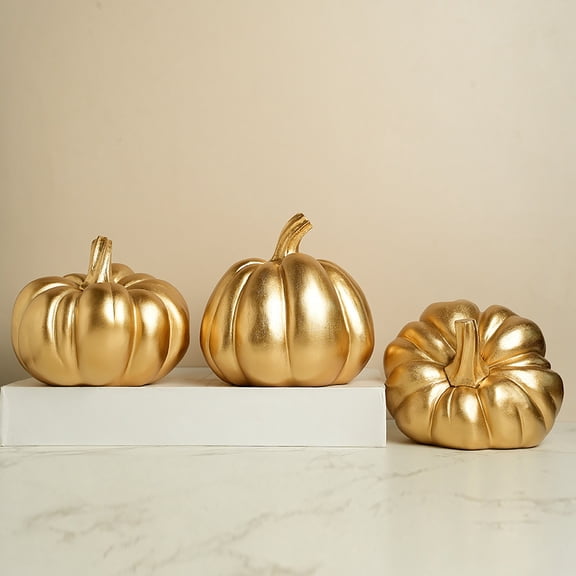Vintage Halloween Pumpkin Decorations– Gold Pumpkin Resin Decorative Ornament Halloween Desktop Decorations, Halloween Indoor Decor for Holiday , Fall and Home Display