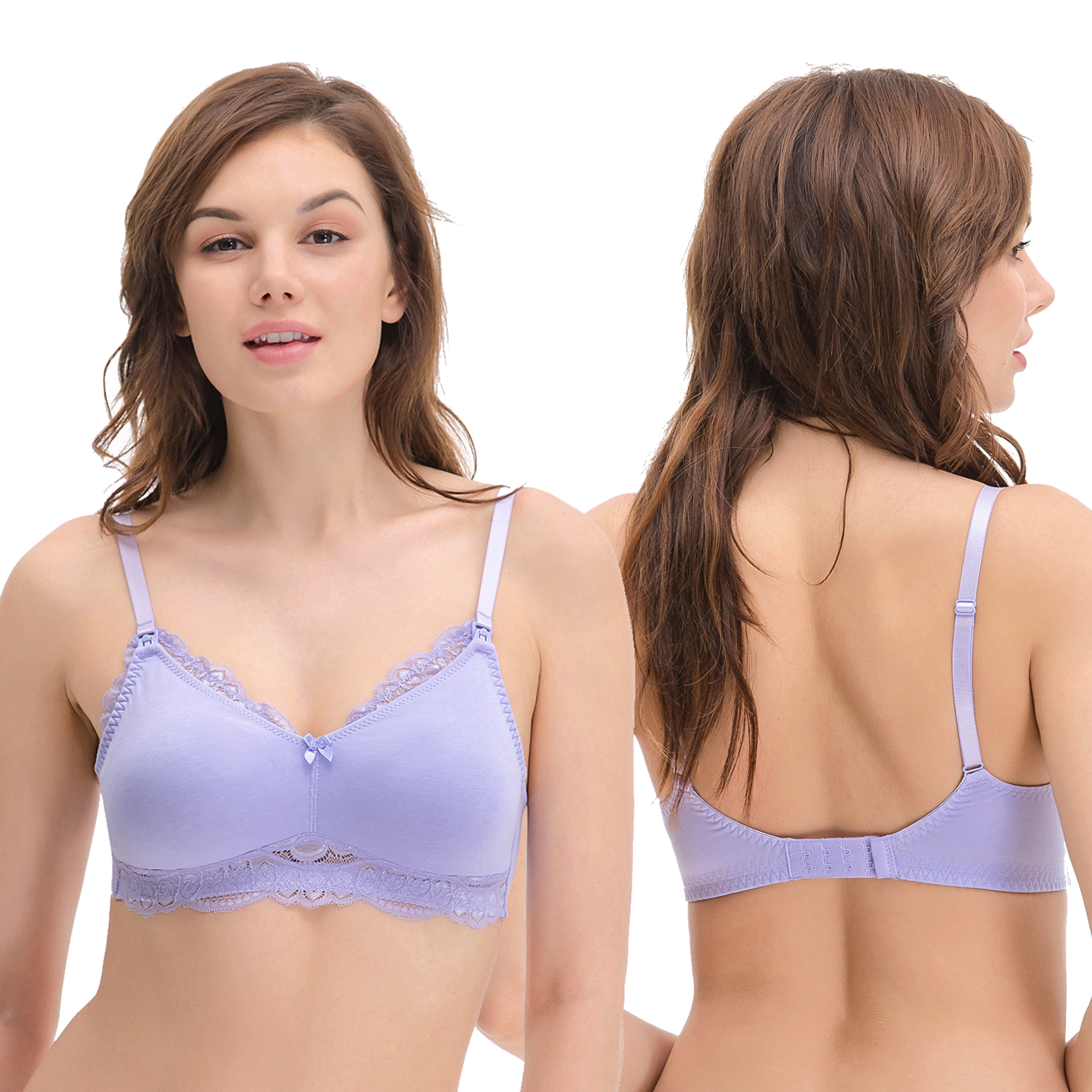 Curve Muse Plus Size Nursing Cotton Unlined Wirefree Bra With Lace Trim-2 PK-PINK,LAVENDER-34C