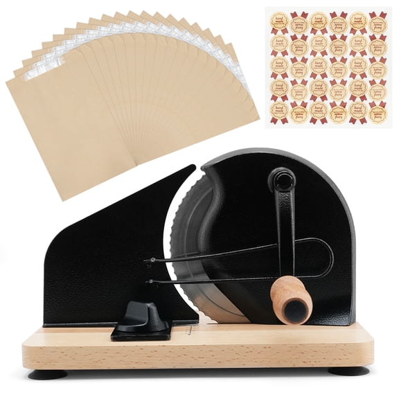 Manual Bread Slicer for Homemade Sourdough Bread with 30Pcs Bread Bags, Adjustable Thickness, Hand Crank Bread Slicer with Scale Line and Suction Cup, Serrated Blade Design, Black