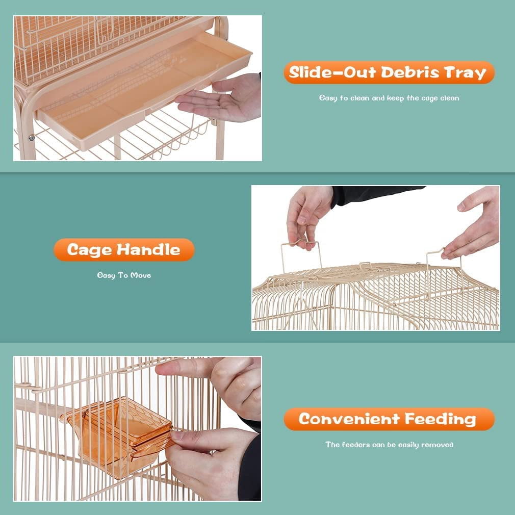 CL.HPAHKL Large Bird Cage, 64 inch Parakeet Cage with Open Play Top & Rolling Stand, Wrought Iron Birdcage for Parrot Cockatiel Cockatoo Lovebird, Almond