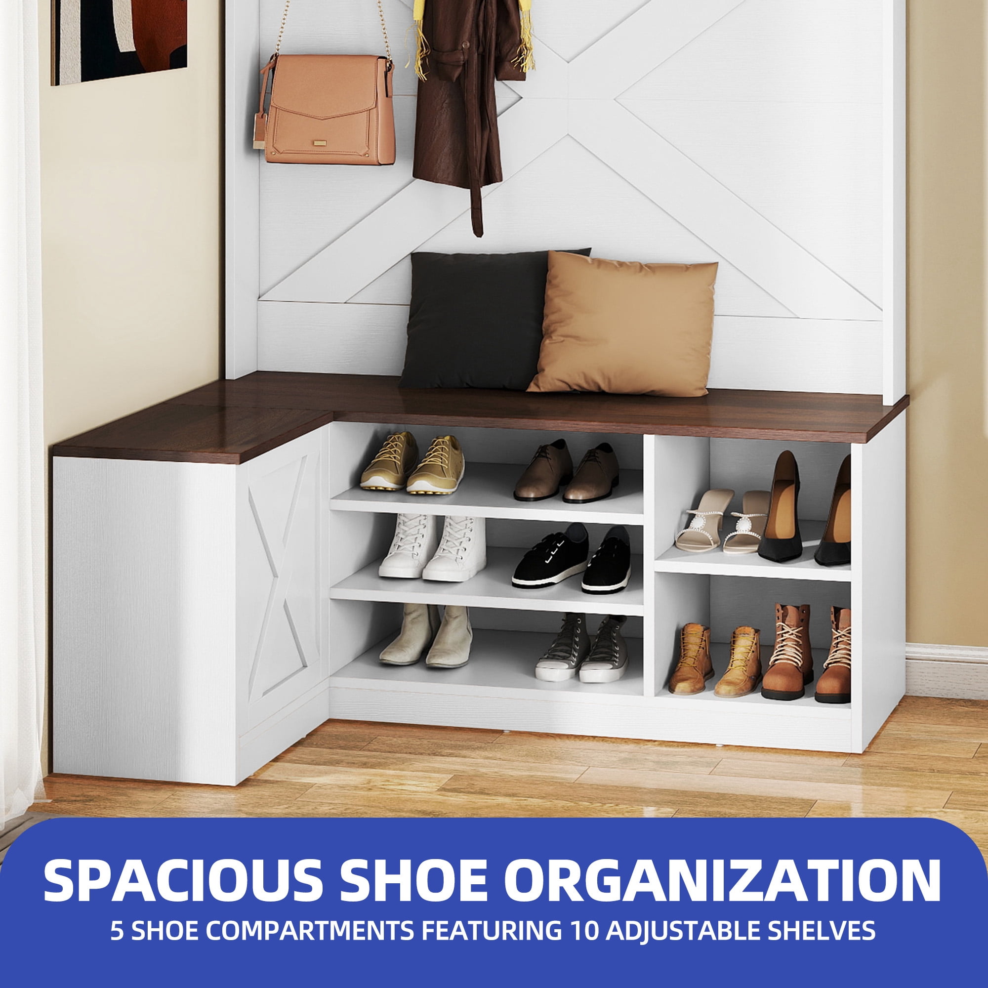 ModFusion White & Walnut L-Shaped Corner Entryway Hall Tree with Hooks, Flip-Top Storage, and Shoe Bench