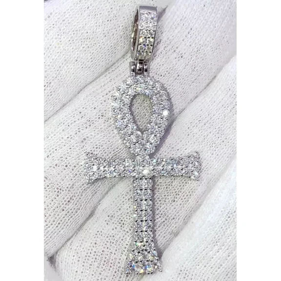 3 Ct Round Cut White Moissanite Ankh Cross Pendant 14k White Gold Plated