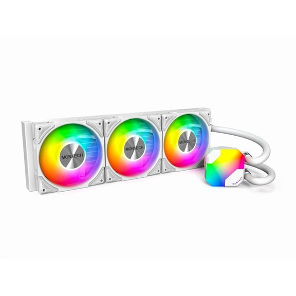 MONTECH HyperFlow ARGB 360 - AIO CPU Liquid Cooler, Intel&AMD Compatible, Chart-Topping Performance, Enhanced 3100RPM Water Pump Design, 3X Metal Pro 12 ARGB Ultimate Cooling Fans - White