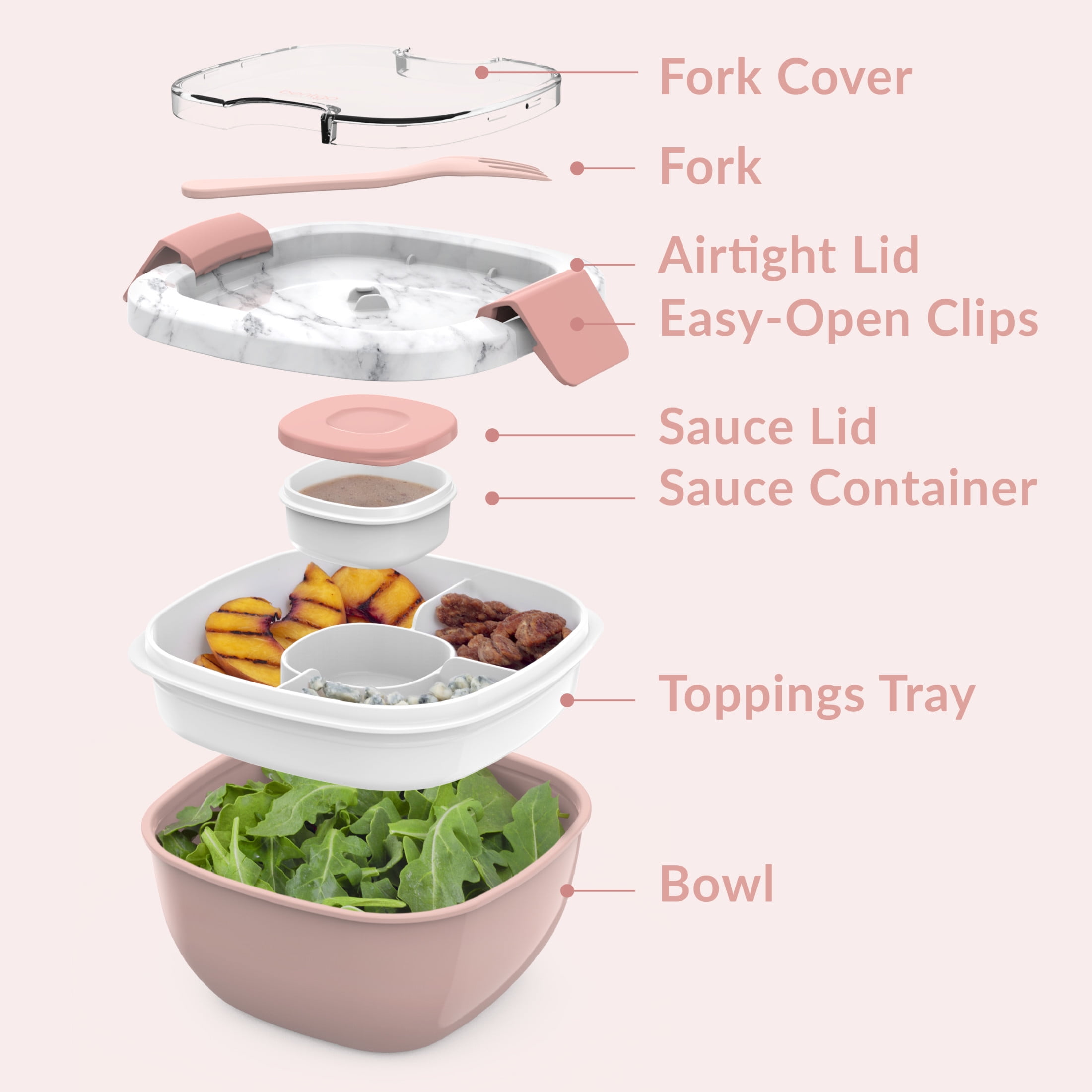 Bentgo Salad Container - 6.75 cup Bowl with 4-Compartment Toppings Tray, Dressing Container, Reusable Fork, BPA-Free Lunch Box for Meal Prep & Food Storage; Removable Bento Tray (Blush Marble)