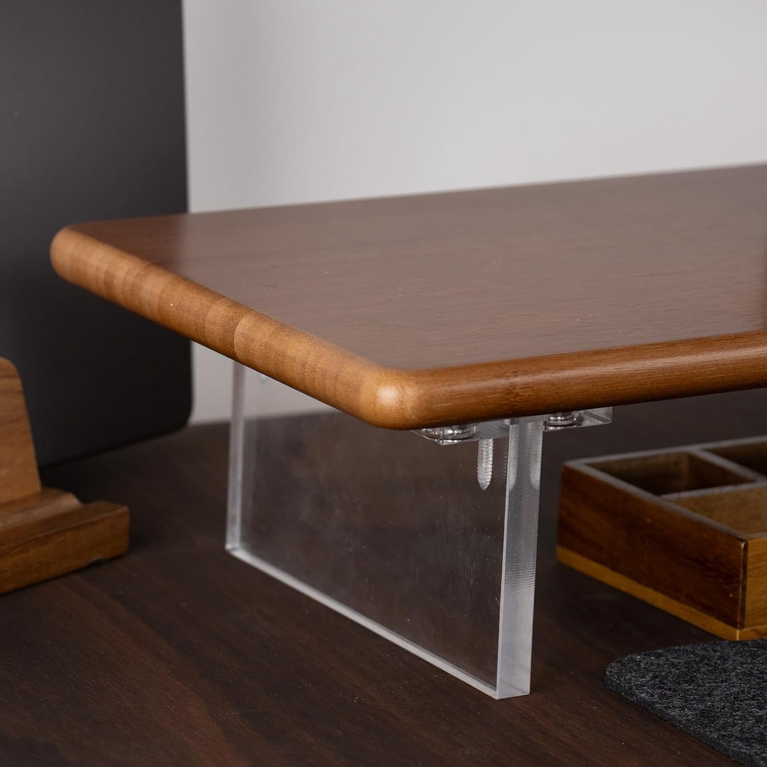 Bamboo Monitor Stand Riser with Acrylic Legs for Desk, 31.5 Inches Desktop Shelf Supports for PC Computer Monitor, Laptops, Printer, Speakers (Brown)