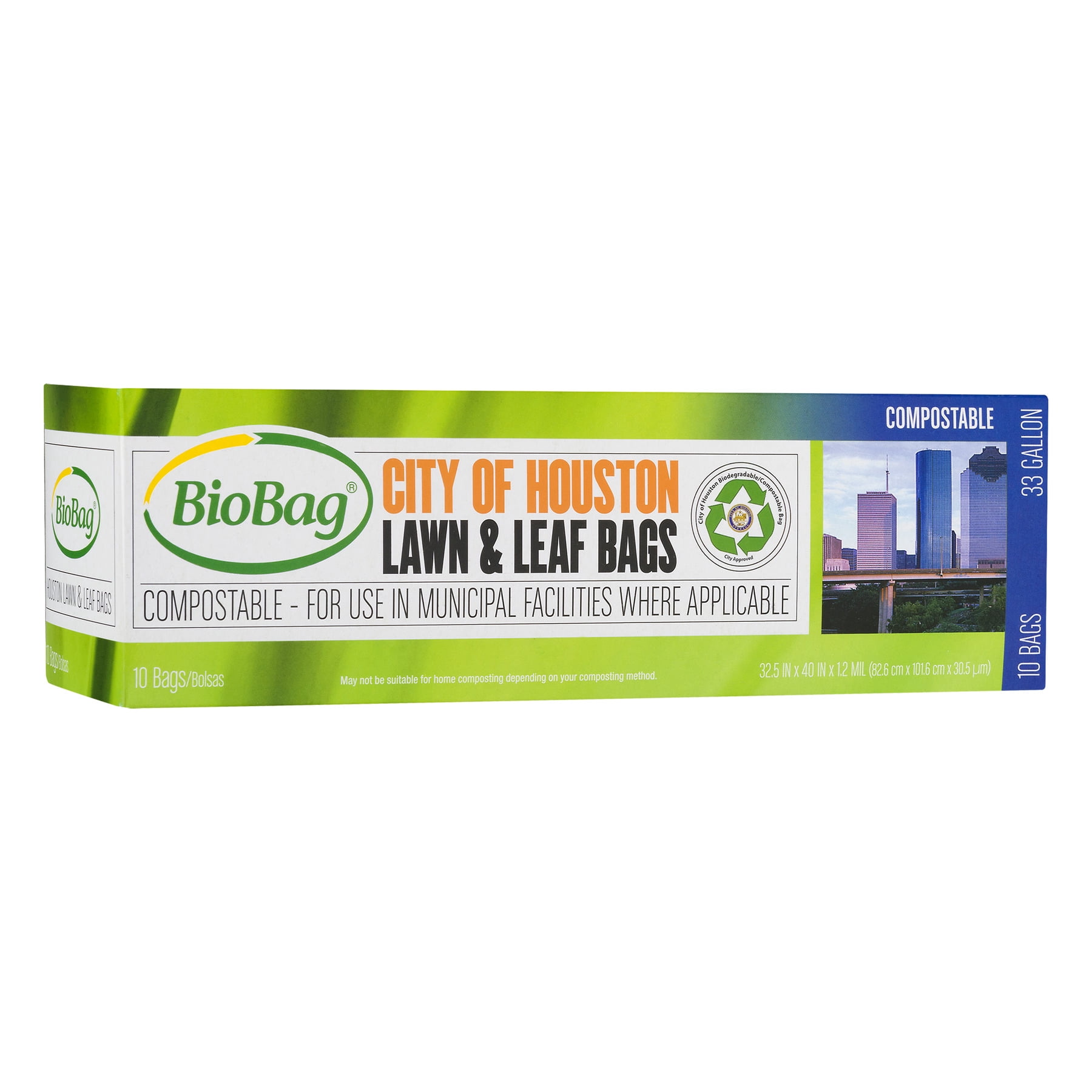 BioBag City Of Houston Compostable Lawn & Leaf Bags, 33 Gallon, 10 Bags
