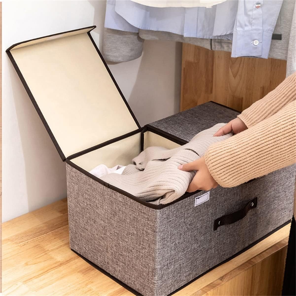 2 Pack Large Storage Boxes with Lids and Handles, Collapsible Linen Storage Bins Organizer Containers Baskets Cube with Removable Divider, Grey