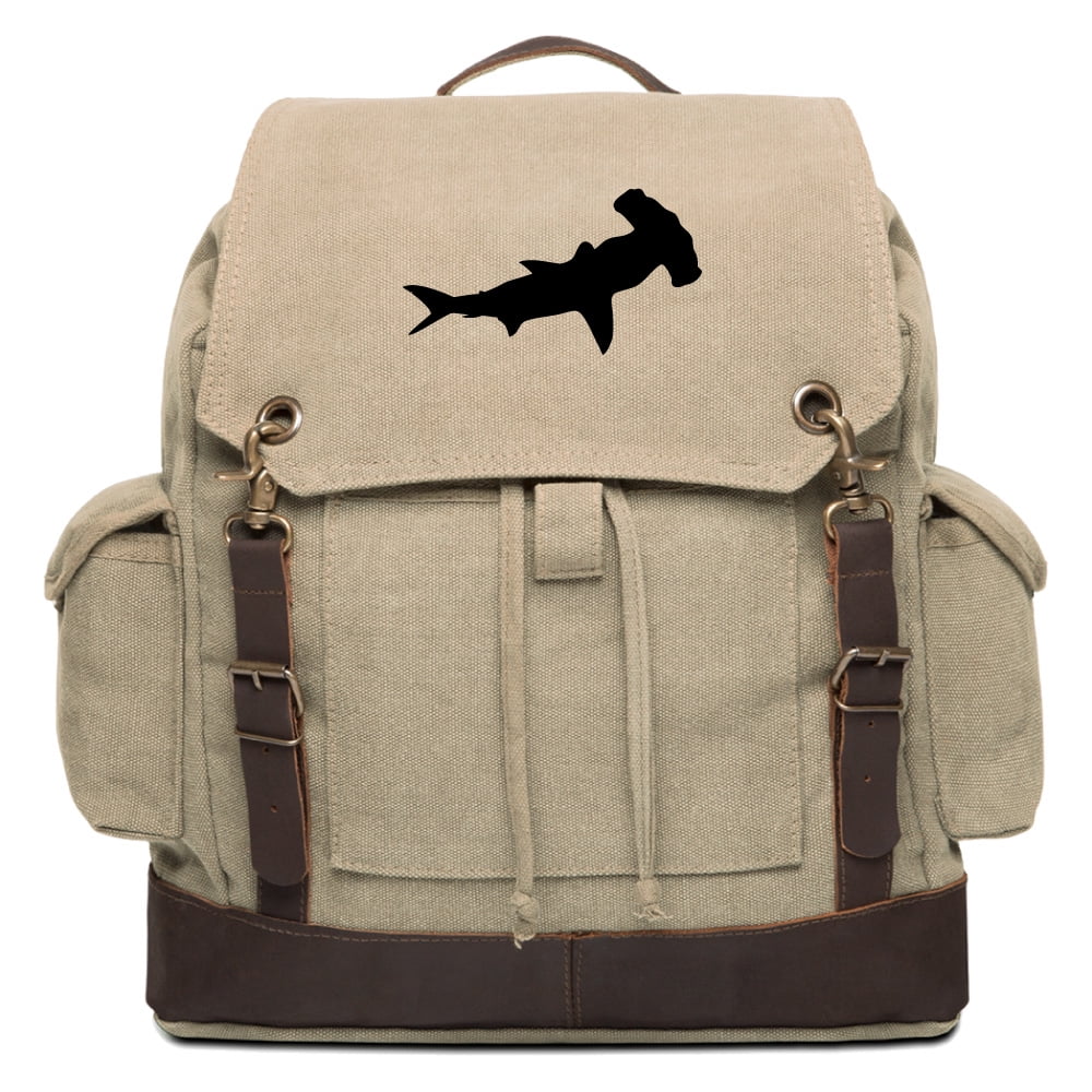 Hammerhead Shark Vintage Canvas Rucksack Backpack w/Leather Straps