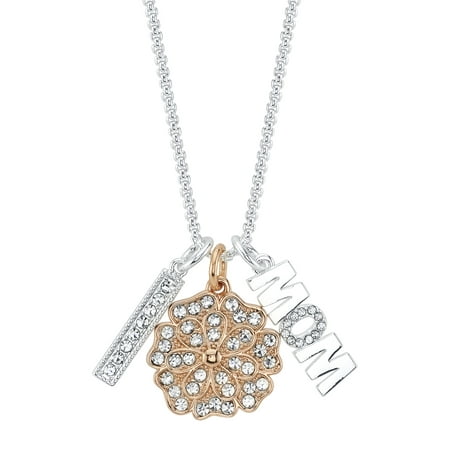 14kt Gold Flash Plated Crystal "Mom" Flower Pendant Necklace, 18"+2" Extender