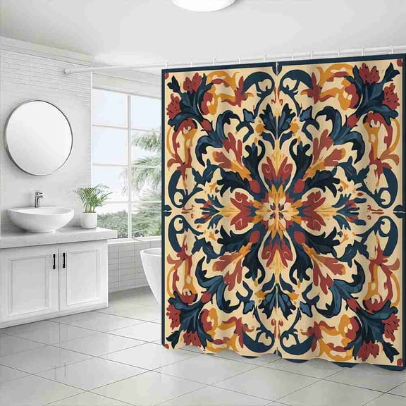 70x70 inch Navy Orange and Cream Floral Medallion Shower Curtain, Waterproof Polyester Fabric with Hooks for Bathroom Decor