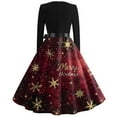 thumbnail image 3 of Women's Christmas Flare Dress Long Sleeve Round Neck Retro Party Casual Dress with Snowflake, Christmas Tree, Snowman Print, Hollow Out Design for Holiday, Merry Christmas,Deep Red,S, 3 of 3