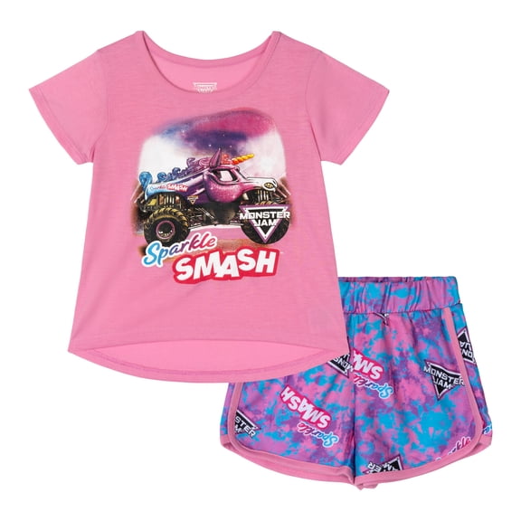 Monster Jam Sparkle Smash T-Shirt and French Terry Dolphin Shorts Outfit Set Logo Toddler to Big Kid
