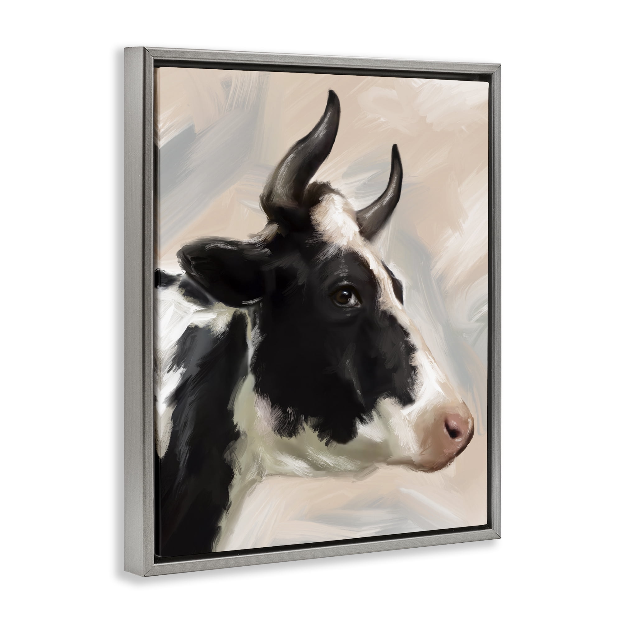 Stupell Industries Farm Cow with Horns Animals Painting Gray Floater Framed Canvas Art Print Wall Art, 17 x 21
