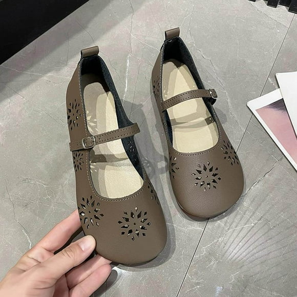 LSLJS Women Fashion Hollow Out Flat Bottomed One Character Buckle Soft Soled Shoes, Leather Shoes for Women, Gift for Women