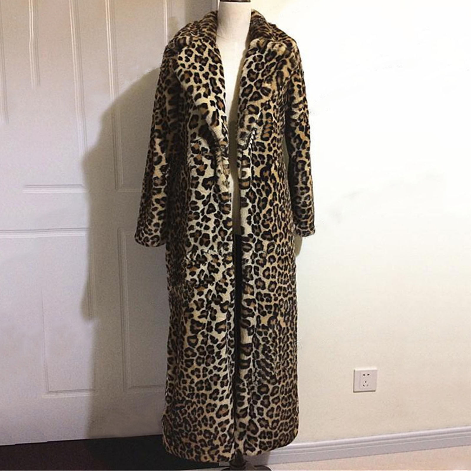 Women's Elegant Leopard Print Faux Fur Coat, Long Maxi