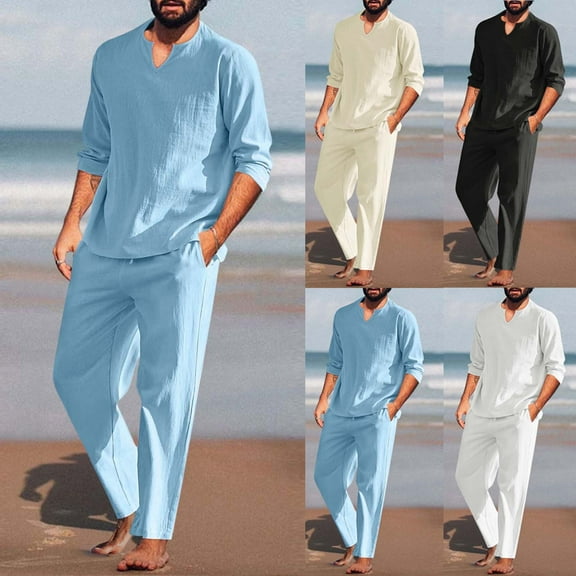 FRSASU Men's 2 Pieces Cotton Linen Set Long Sleeve Small V-Neck Henley Shirts Casual Beach Pants Summer Yoga Outfits White