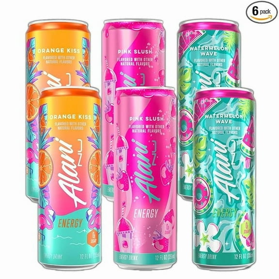 New Alani Energy Drinks Variety Pack Watermelon Wave, Pink Slush, Orange Kiss Flavors Sugar-Free, Low-Calorie, 200mg Caffeine, Energy Boost Drink 12 fl oz (Pack of 6)