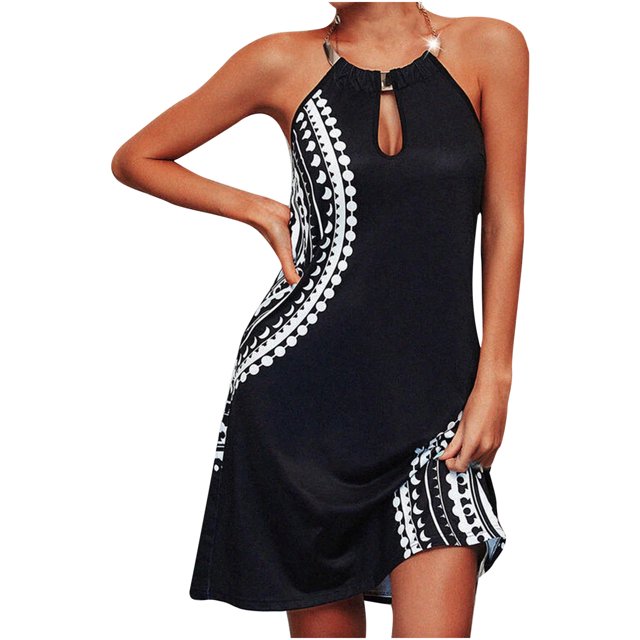 Pompotops Femmes Été Casual Mode Métal Suspendu Cou Imprimé Robe Sans Manches