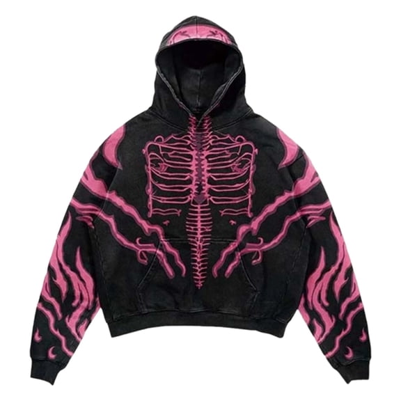 RUTAYY Men's Hoodie Long Sleeve Vintage Washed Halloween Skeleton Flame Graphic Gothic Street Party Sweatshirt